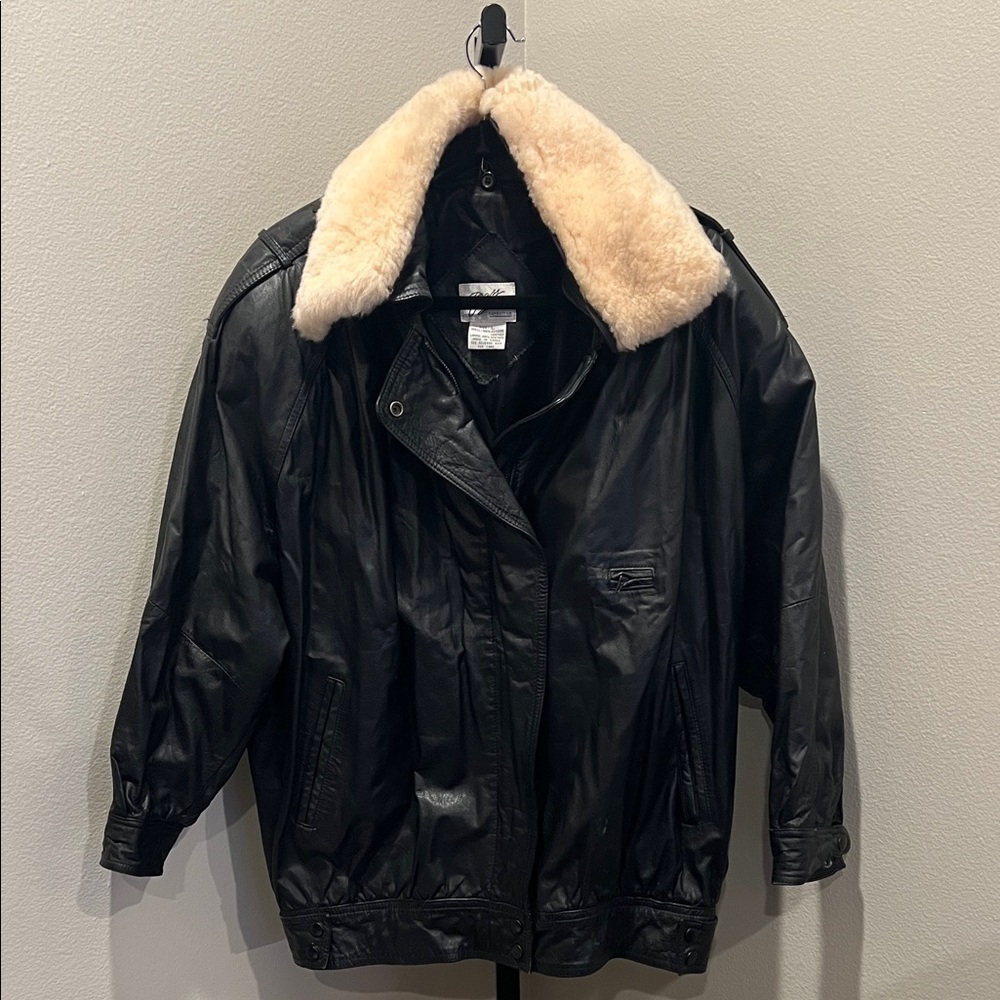 Vintage Nordstrom brass plum Black Leather Jacket with removable Cream Collar.